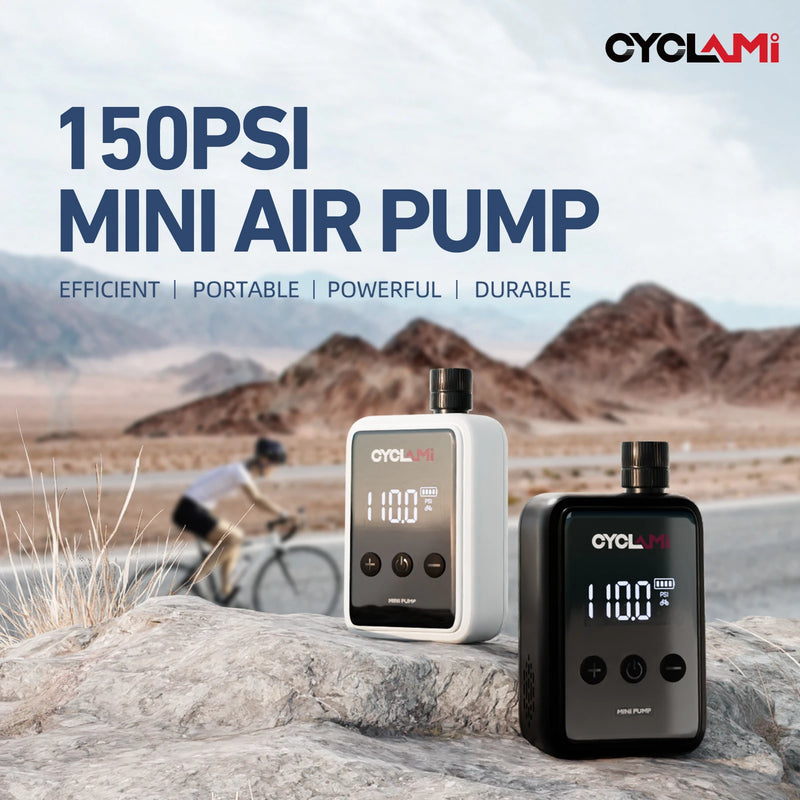 CYCLAMI Bomba de aire eléctrica portátil de bolsillo de 150 PSI, mini compresor recargable rápido para bicicletas con pantalla de calibración digital.